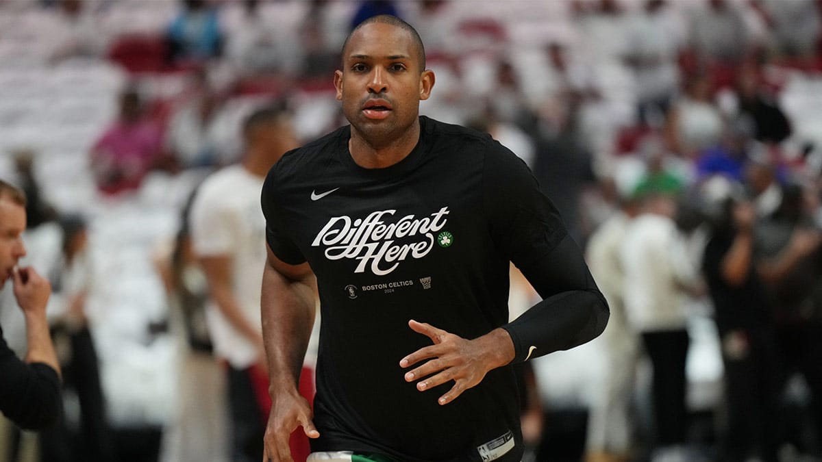 Boston Celtics center Al Horford (42) warms-up before game three of the first round for the 2024 NBA playoffs against the Miami Heat at Kaseya Center.