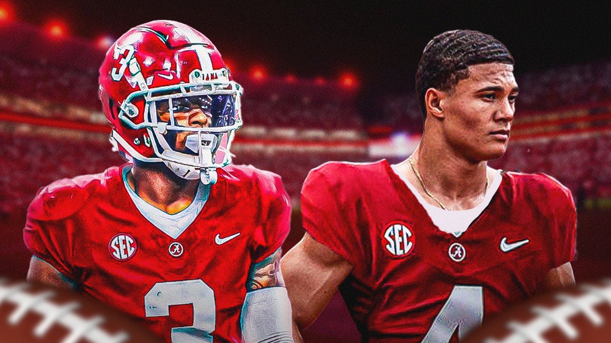 Alabama football, Crimson Tide, Alabama spring game, Alabama spring football, Kalen DeBoer, Domani Jackson and Keon Sabb in Alabama unis with Alabama football stadium in the background