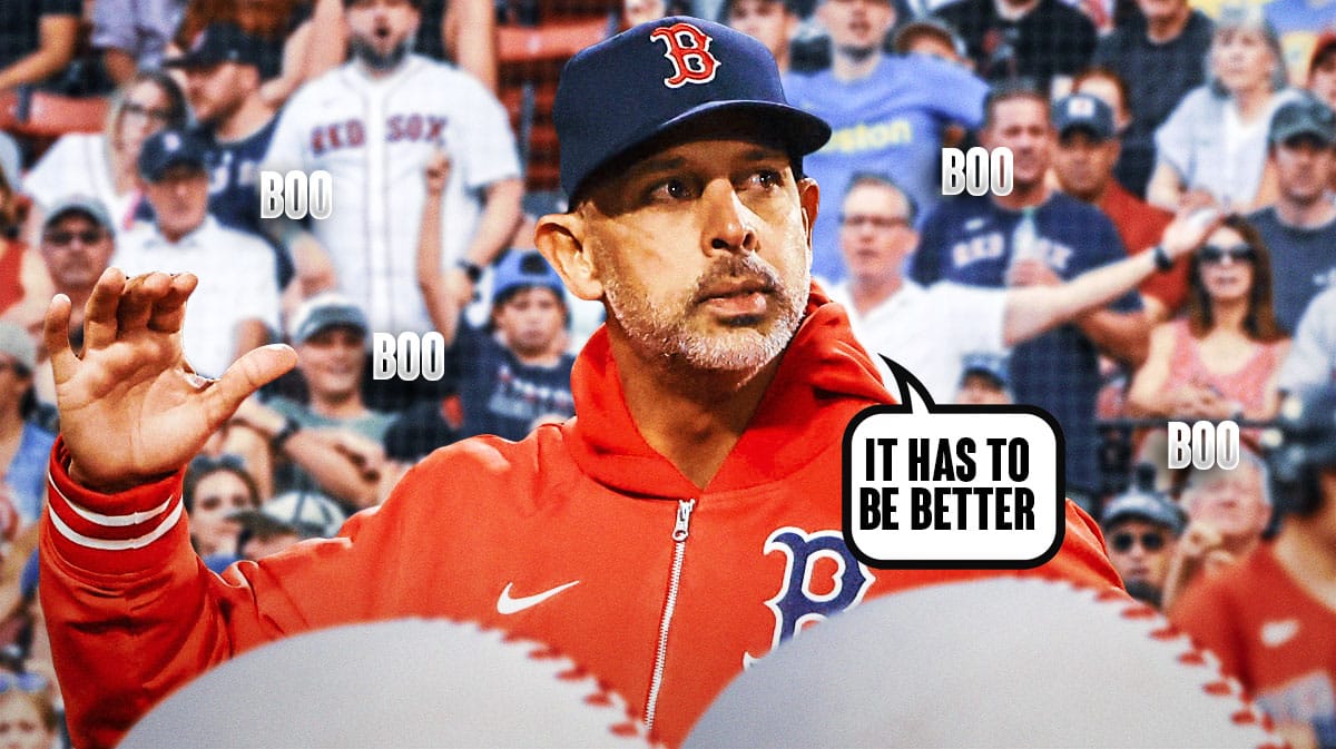 Boston Red Sox manager Alex Cora yelling, caption bubble from him saying 'It has to be better" Red Sox fans booing in background