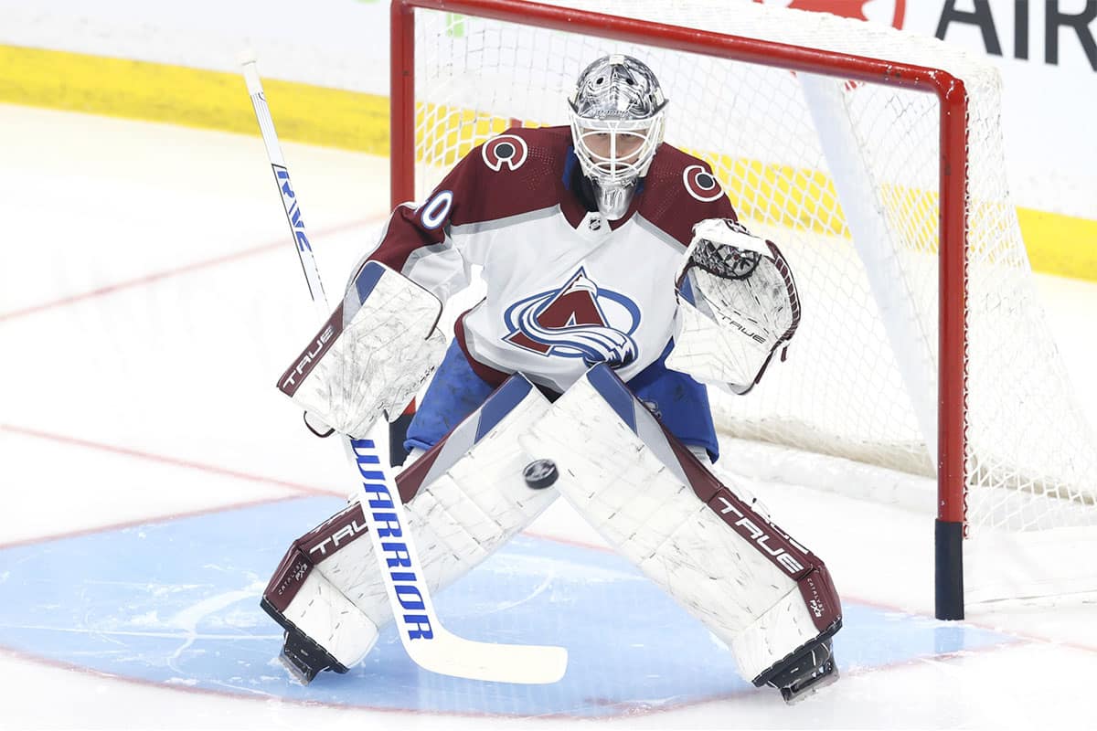 Colorado Avalanche goaltender Alexandar Georgiev (40) warms up before a game against the Winnipeg Jets in game one of the first round of the 2024 Stanley Cup Playoffs at Canada Life Centre.
