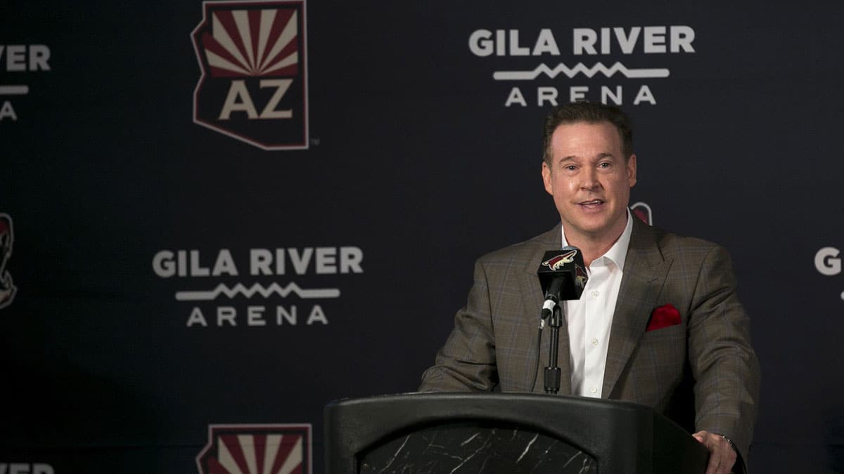 Coyotes owner Alex Meruelo speaks to the media at a news conference announcing his new ownership at Gila River Arena in Glendale on Thursday. Thomas Hawthorne/The Republic Coyotes owner Alex Meruelo speaks to the media at a press conference announcing Meruelo's new ownership of the Coyotes at Gila River Arena in Glendale, Ariz.