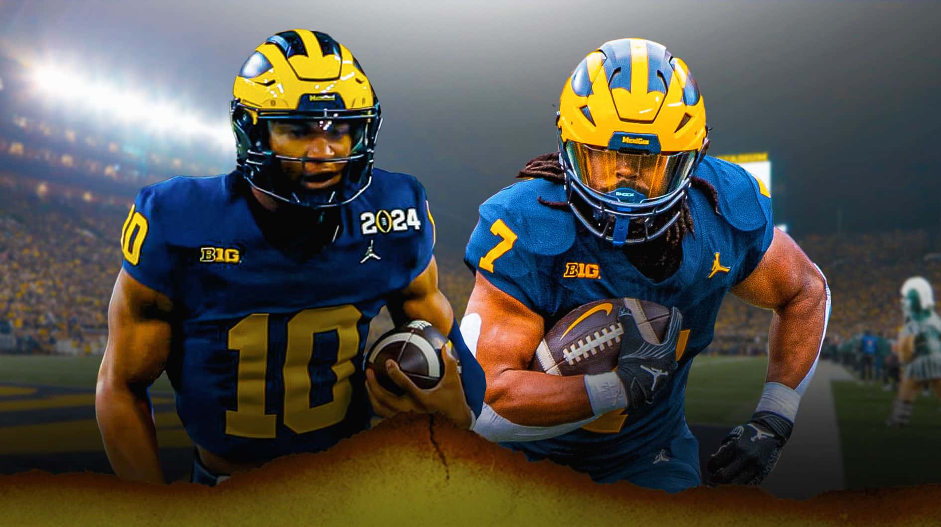 Michigan football, Wolverines, Donovan Edwards, Alex Orji, Michigan football spring game, Alex Orji and Donovan Edwards in Michigan unis with Michigan football stadium in the background