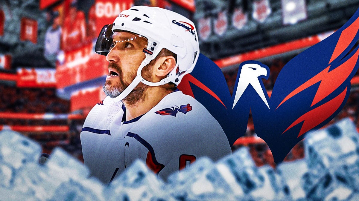 Alex Ovechkin in middle of image looking stern, Washington Capitals logo, hockey rink in background