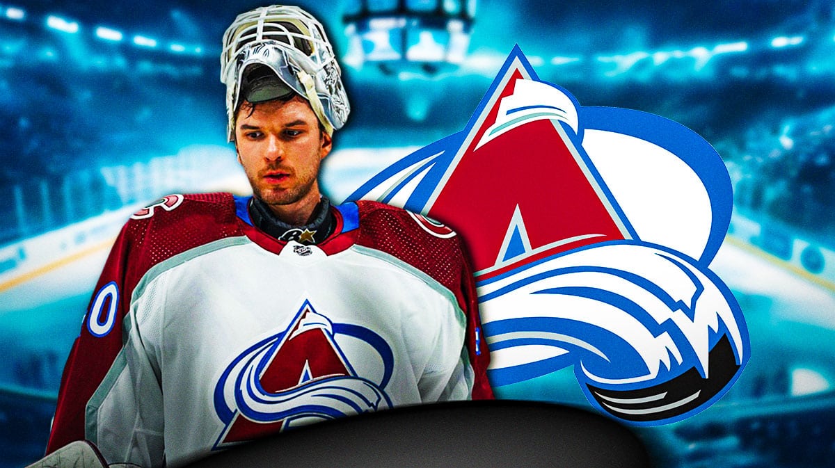 Alex Georgiev in image looking stern, Colorado Avalanche logo, hockey rink in background