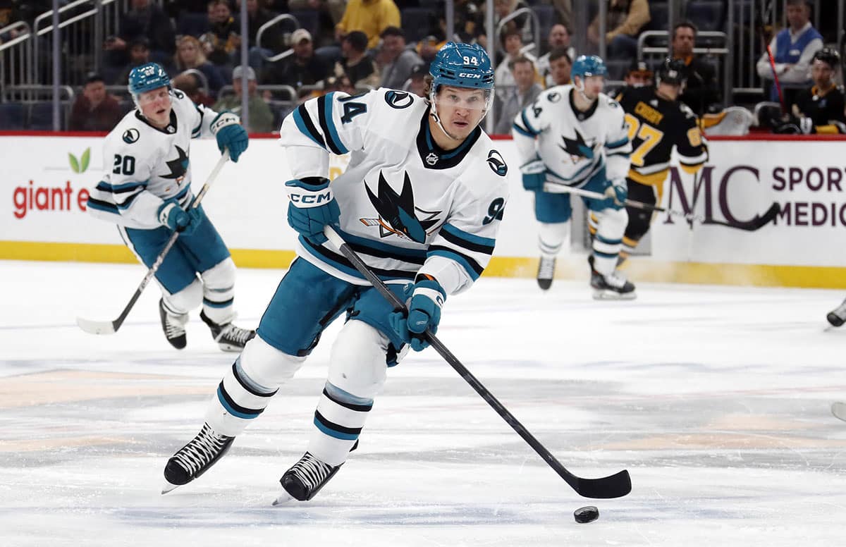  San Jose Sharks left wing Alexander Barabanov (94) skates with the puck against the Pittsburgh Penguins during the second period at PPG Paints Arena.