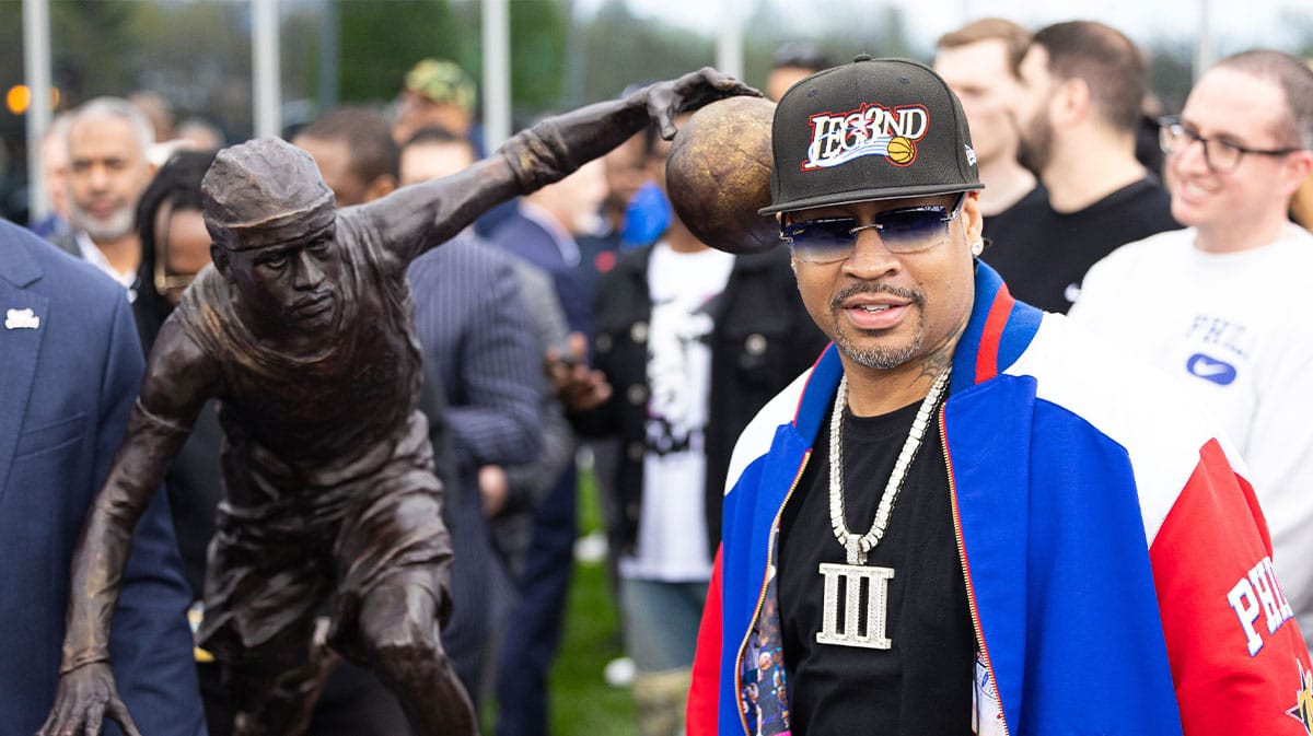 Philadelphia 76ers great Allen Iverson during the unveiling of the statue honoring him in a ceremony at the Philadelphia 76ers Training Complex.