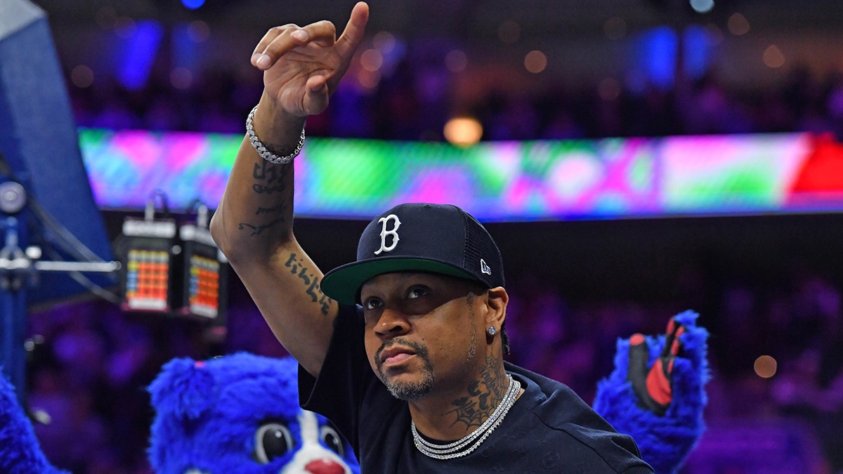 Former Philadelphia 76ers player Allen Iverson acknowledges the crowd during the game against the Brooklyn Nets during the second quarter at Wells Fargo Center. 