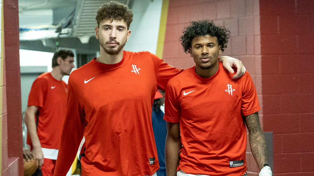 Houston Rockets center Alperen Sengun (28) and guard Jalen Green (4) come out the locker room to play against the New Orleans Pelicans before the first half at Smoothie King Center.
