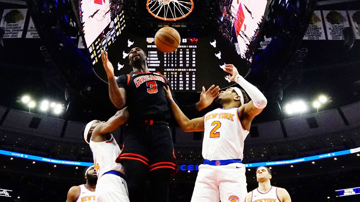 Chicago Bulls center Andre Drummond (3) dunks the ball on New York Knicks guard Miles McBride (2) during the second half at United Center.
