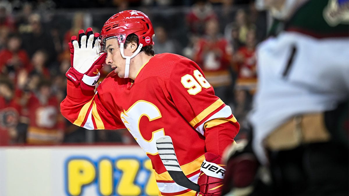 Calgary Flames left wing Andrei Kuzmenko (96) celebrates after scoring a goal against the Arizona Coyotes during the first period at Scotiabank Saddledome.