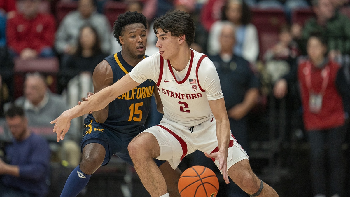 California Golden Bears guard Jalen Cone (15) defends against Stanford Cardinal guard Andrej Stojakovic (2) during the second half at Maples Pavillion.