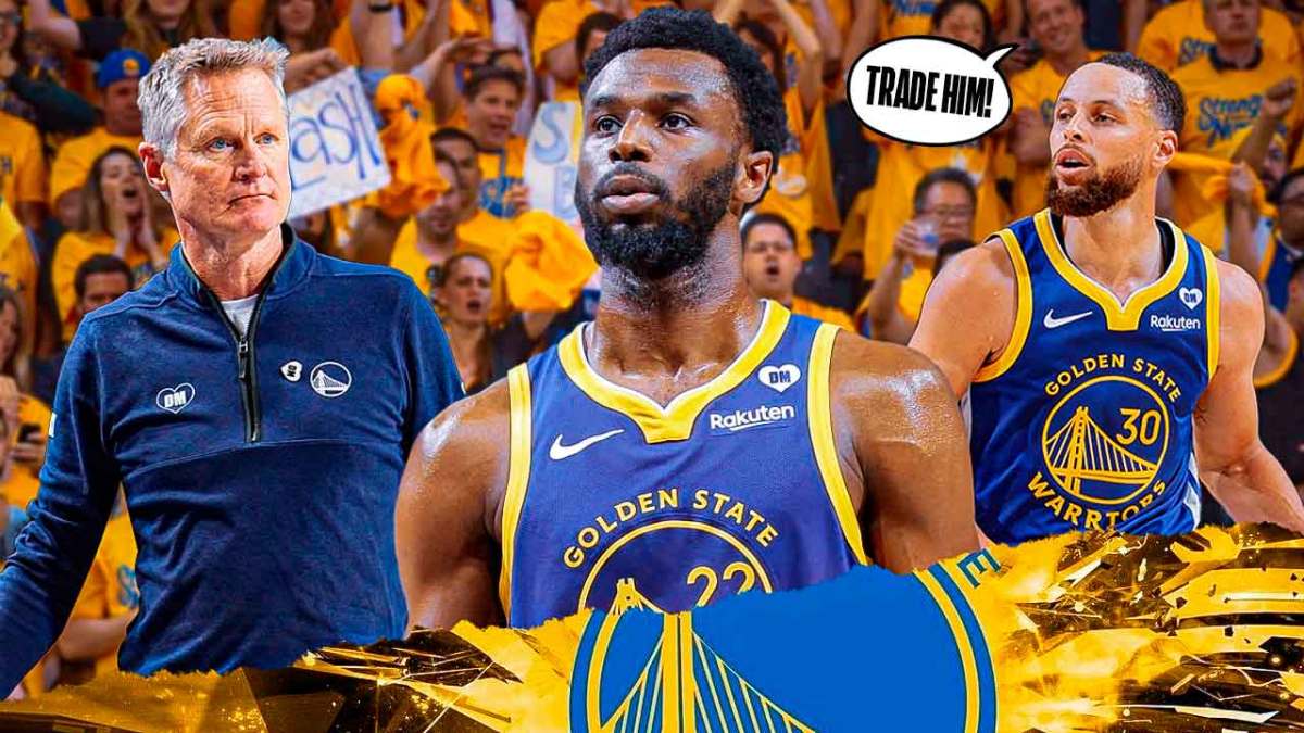 Andrew Wiggins next to Steve Kerr and Stephen Curry. Fans chanting "Trade him!"