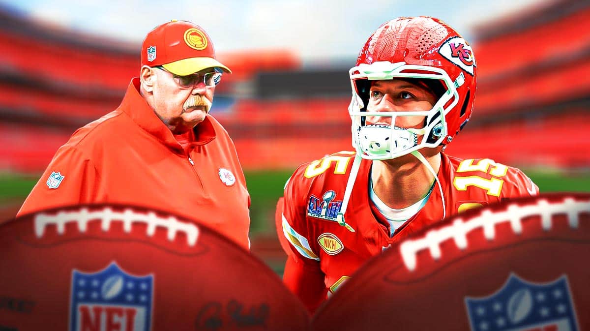 Chiefs' Andy Reid, looking at Chiefs quarterback Patrick Mahomes.