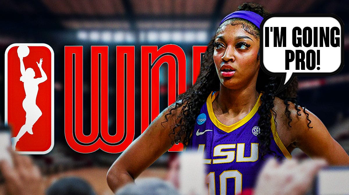 Angel Reese saying "I'm going pro!" with the WNBA logo in the background