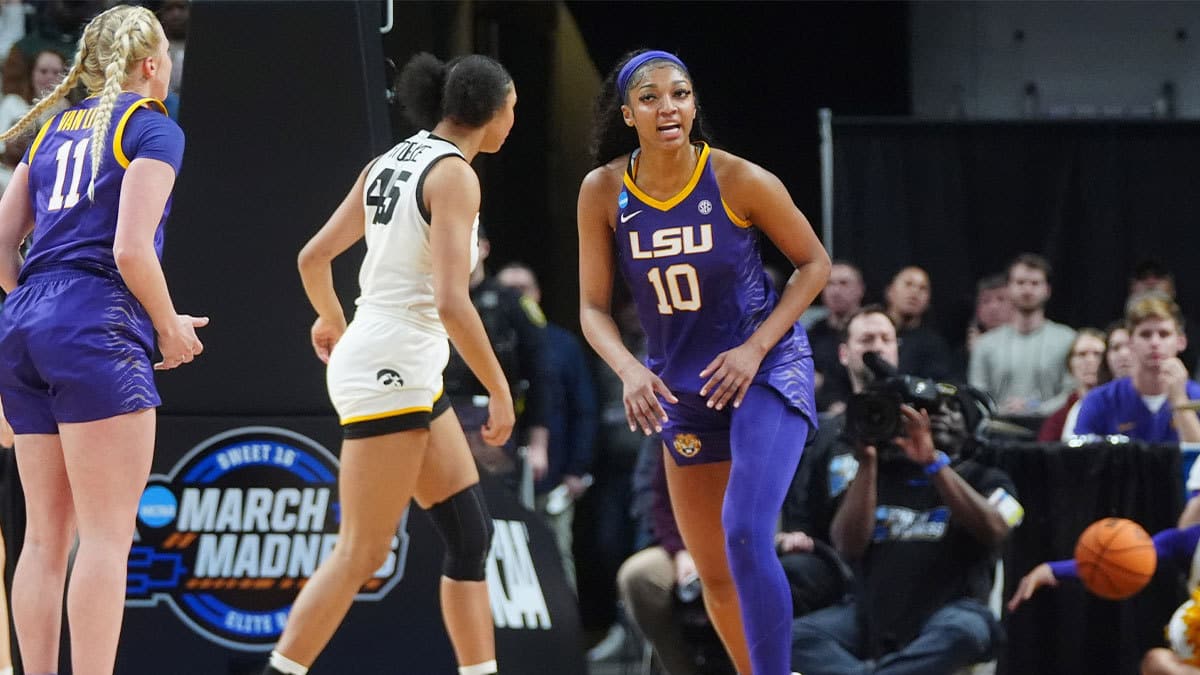 LSU Lady Tigers forward Angel Reese (10) reacts in the third quarter against the Iowa Hawkeyes in the finals of the Albany Regional in the 2024 NCAA Tournament at MVP Arena. 
