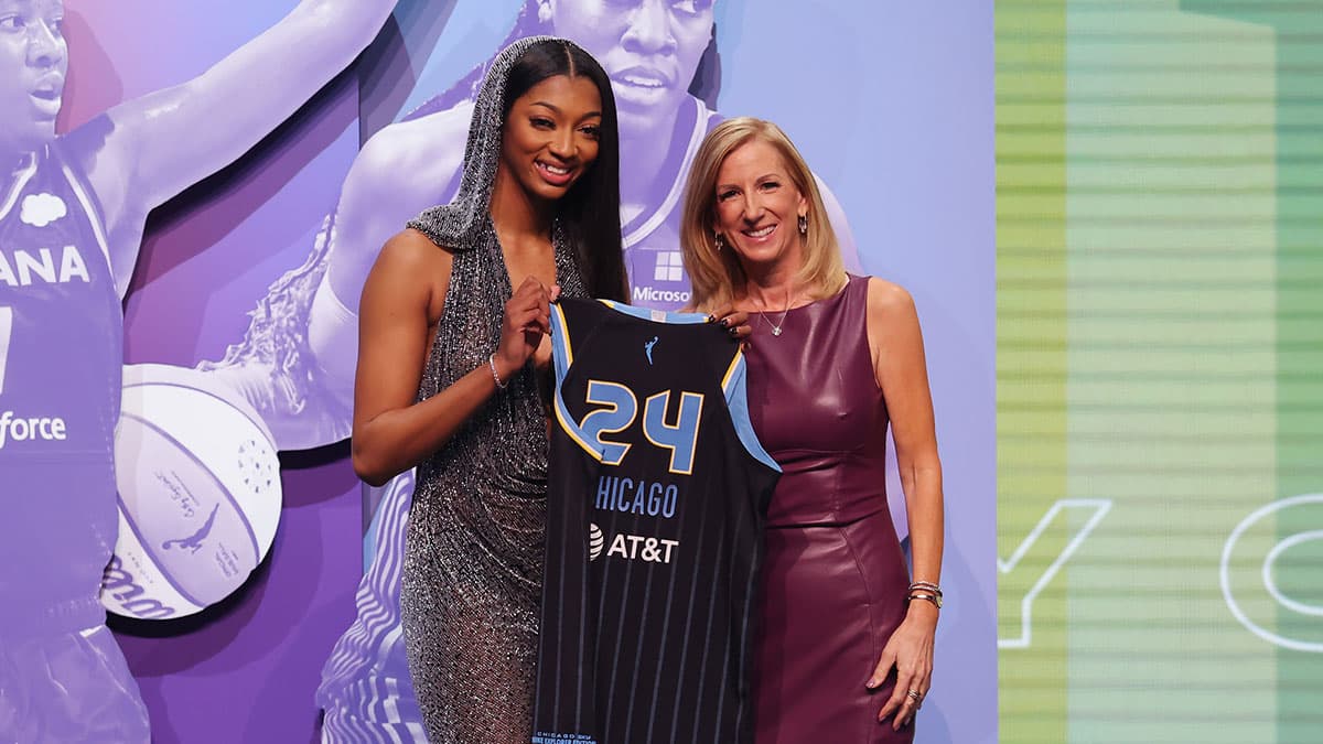  Angel Reese poses with WNBA commissioner Cathy Engelbert after she is selected with the number seven overall pick to the Chicago Sky n the 2024 WNBA Draft at Brooklyn Academy of Music