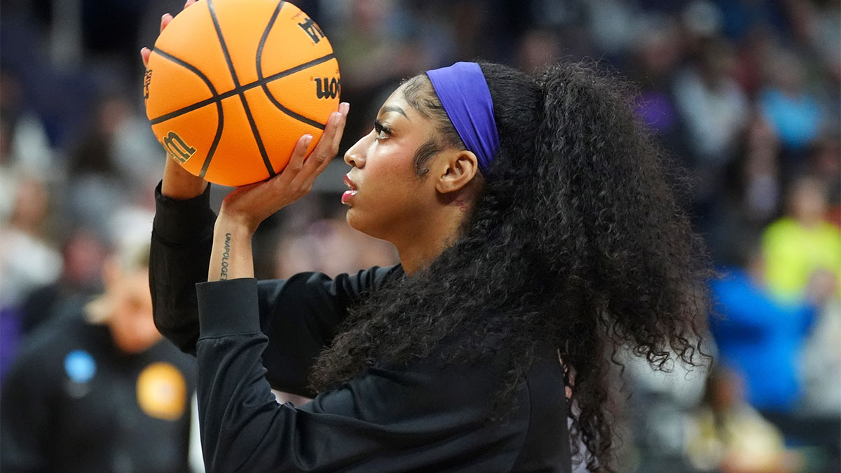 LSU Lady Tigers forward Angel Reese (10) warms up before the game against the Iowa Hawkeyes in the finals of the Albany Regional in the 2024 NCAA Tournament at MVP Arena.