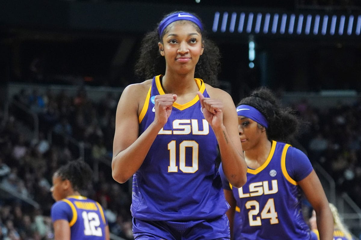 LSU Tigers forward Angel Reese (10) reacts to a foul call against the UCLA Bruins during the second half in the semifinals of the Albany Regional of the 2024 NCAA Tournament.