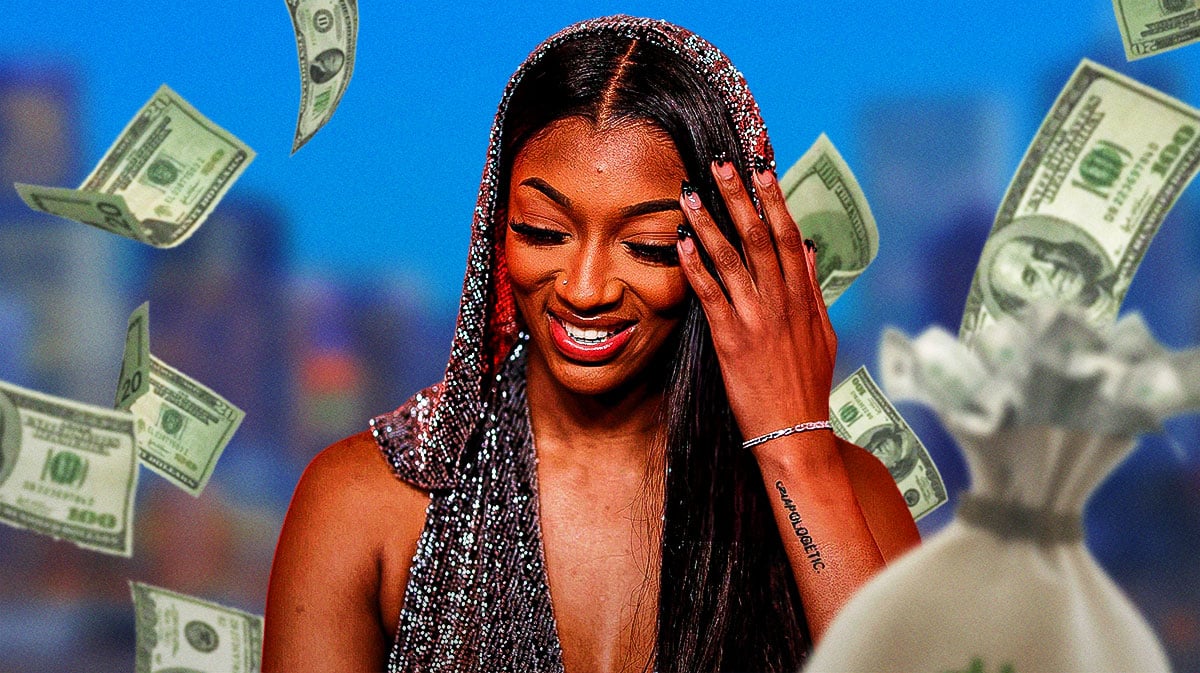 Angel Reese surrounded by piles of cash.