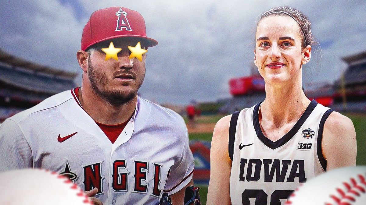 Mike Trout on one side with stars in his eyes, Caitlin Clark on the other side