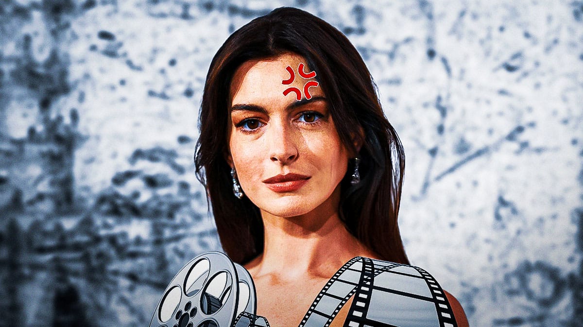 Anne Hathaway with a symbol on her head.