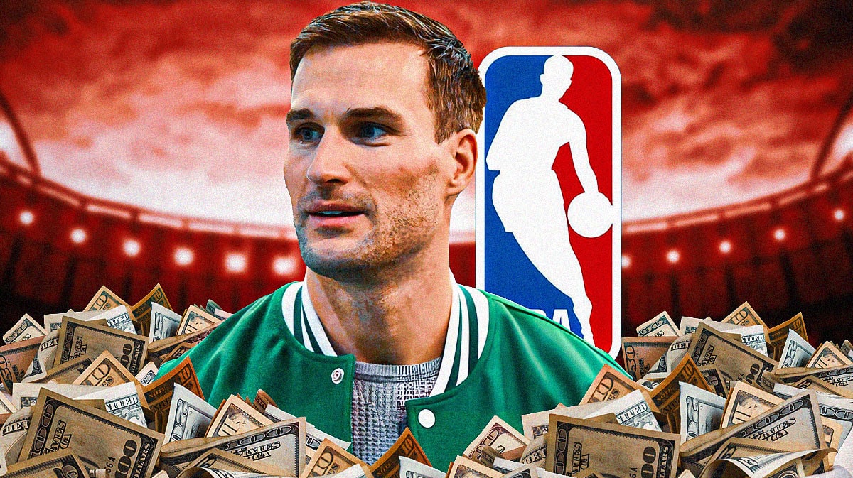Kirk Cousins in front of NBA logo