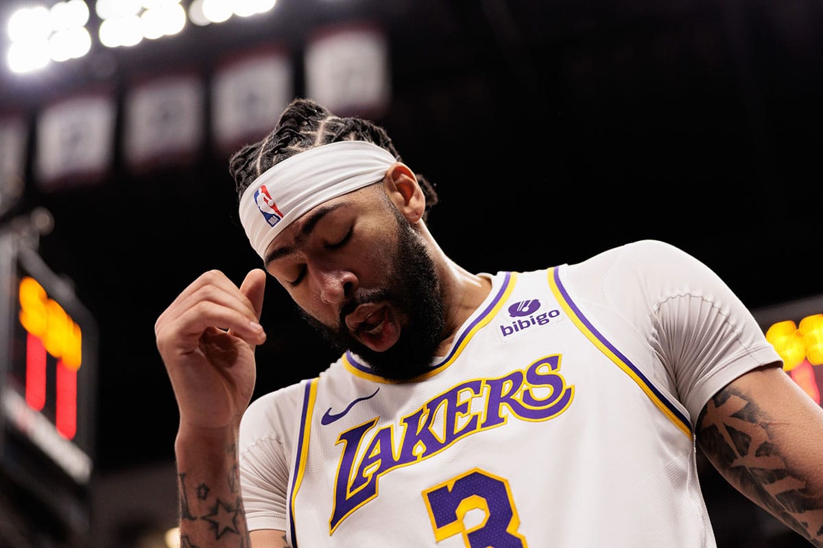 Los Angeles Lakers forward Anthony Davis (3) reacts to a foul during the fourth quarter against the Denver Nuggets in game one of the first round for the 2024 NBA playoffs at Ball Arena