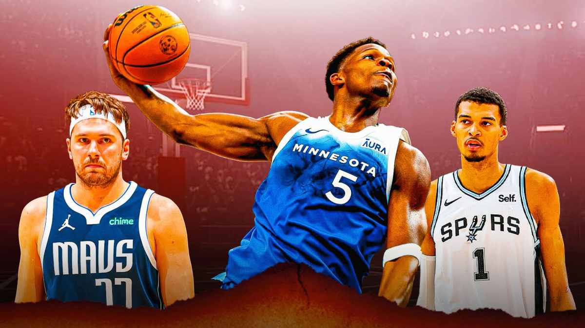 Minnesota Timberwolves star Anthony Edwards dunking on Luka Doncic and Victor Wembanyama