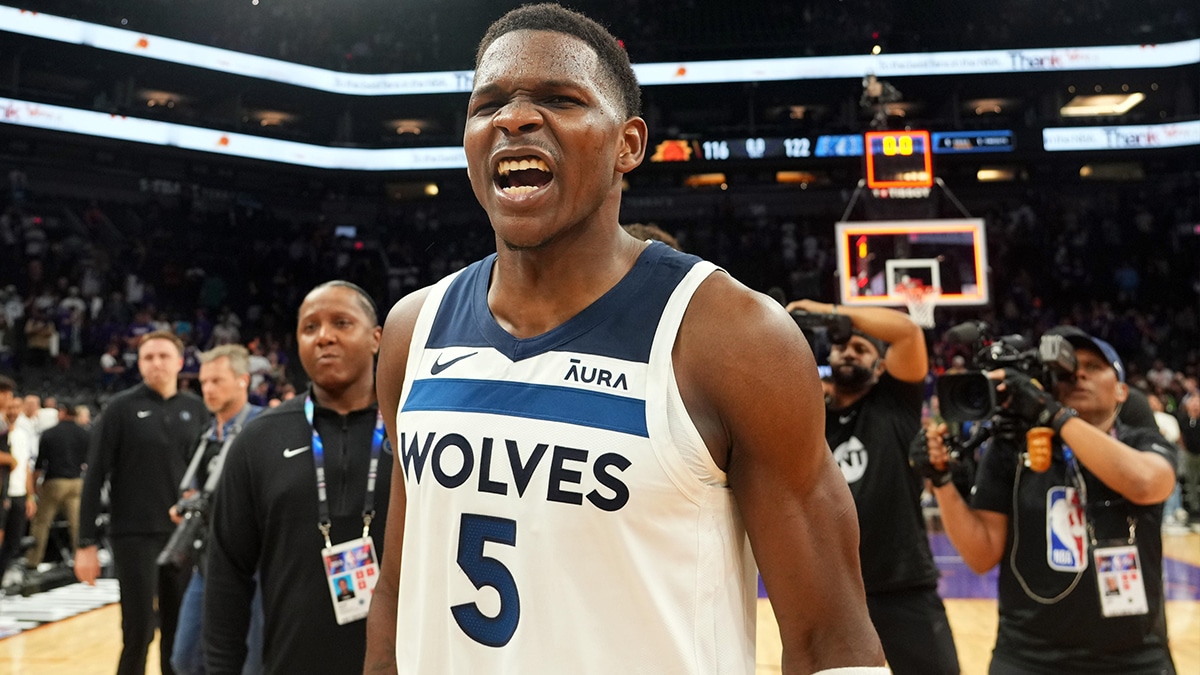 Minnesota Timberwolves guard Anthony Edwards (5) celebrates against the Phoenix Suns after game four of the first round for the 2024 NBA playoffs at Footprint Center. 