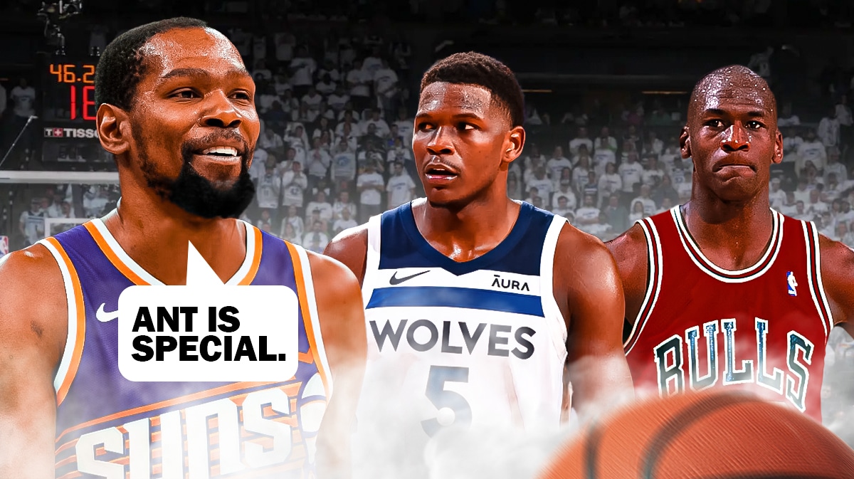 Timberwolves Anthony Edwards next to Michael Jordan and Kevin Durant. Durant saying "Ant is special"