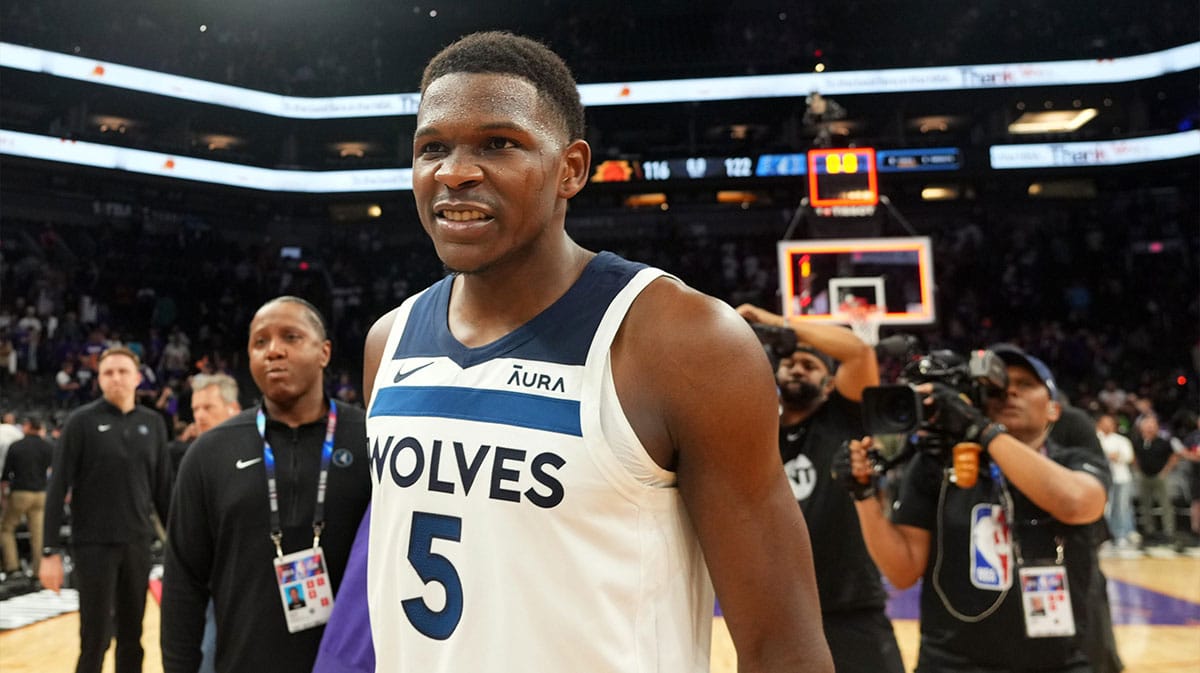 Minnesota Timberwolves guard Anthony Edwards (5) celebrates against the Phoenix Suns after game four of the first round for the 2024 NBA playoffs at Footprint Center.