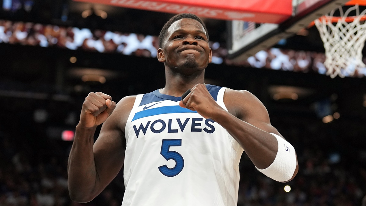  Minnesota Timberwolves guard Anthony Edwards (5) reacts against the Phoenix Suns during the first half of game four of the first round for the 2024 NBA playoffs at Footprint Center.