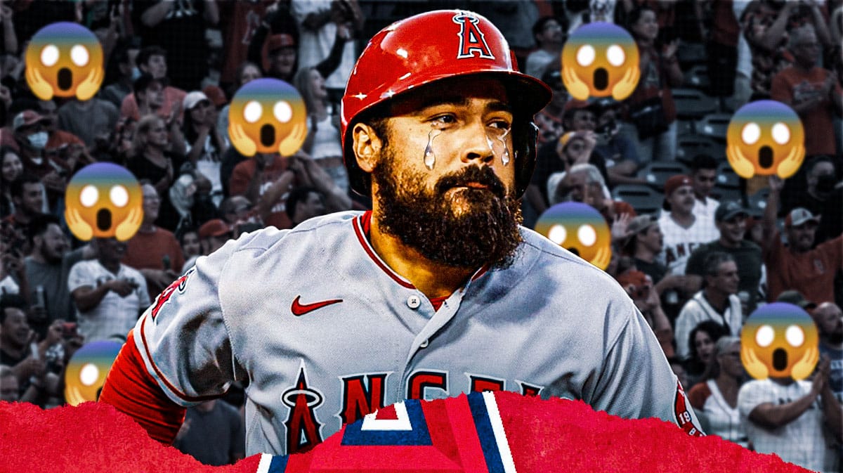 Anthony Rendon with animated tears. Angels fans in the background with scared emojis as their faces