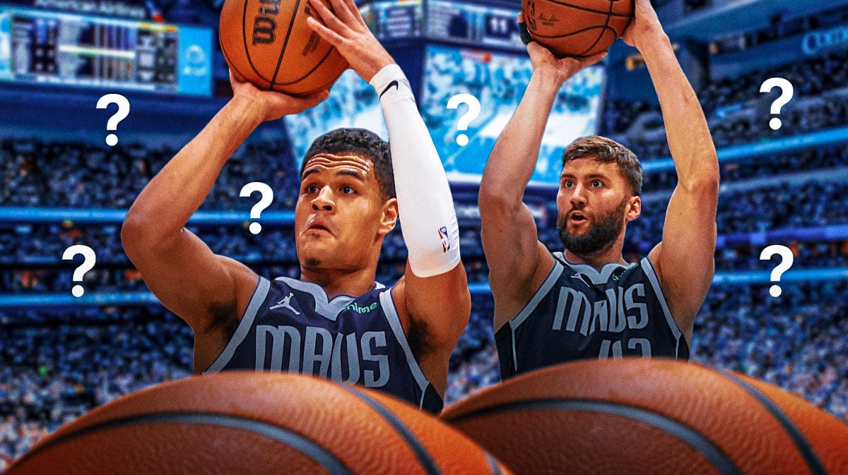 Mavericks' Josh Green, Mavericks' Maxi Kleber both shooting basketballs. Place question marks everywhere.