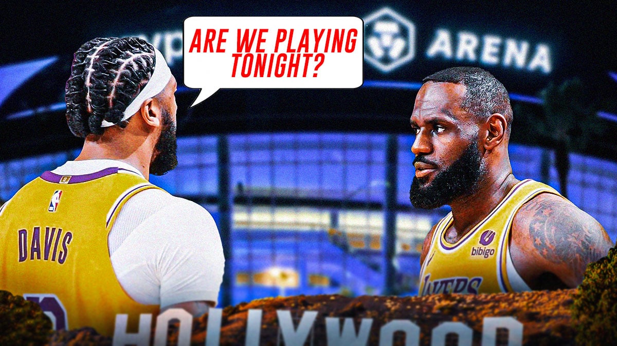 Lakers' LeBron James, Lakers' Anthony Davis standing together at the Crypto. com Arena. Have Davis asking the following question: Are we playing tonight?
