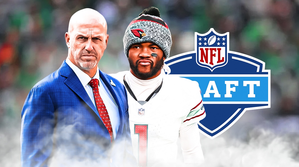 Cardinals Monti Ossenfort and Kyler Murray next to the 2024 NFL Draft logo
