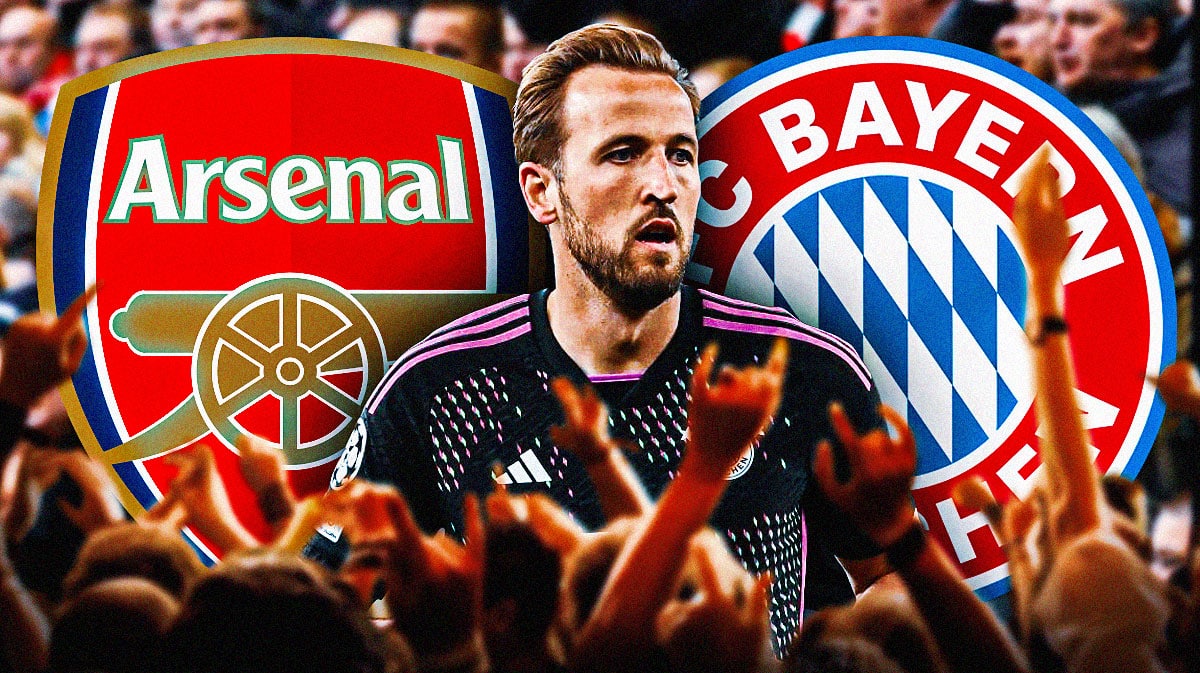 Harry Kane in front of the Arsenal and Bayern Munich logos, angry fans in the background