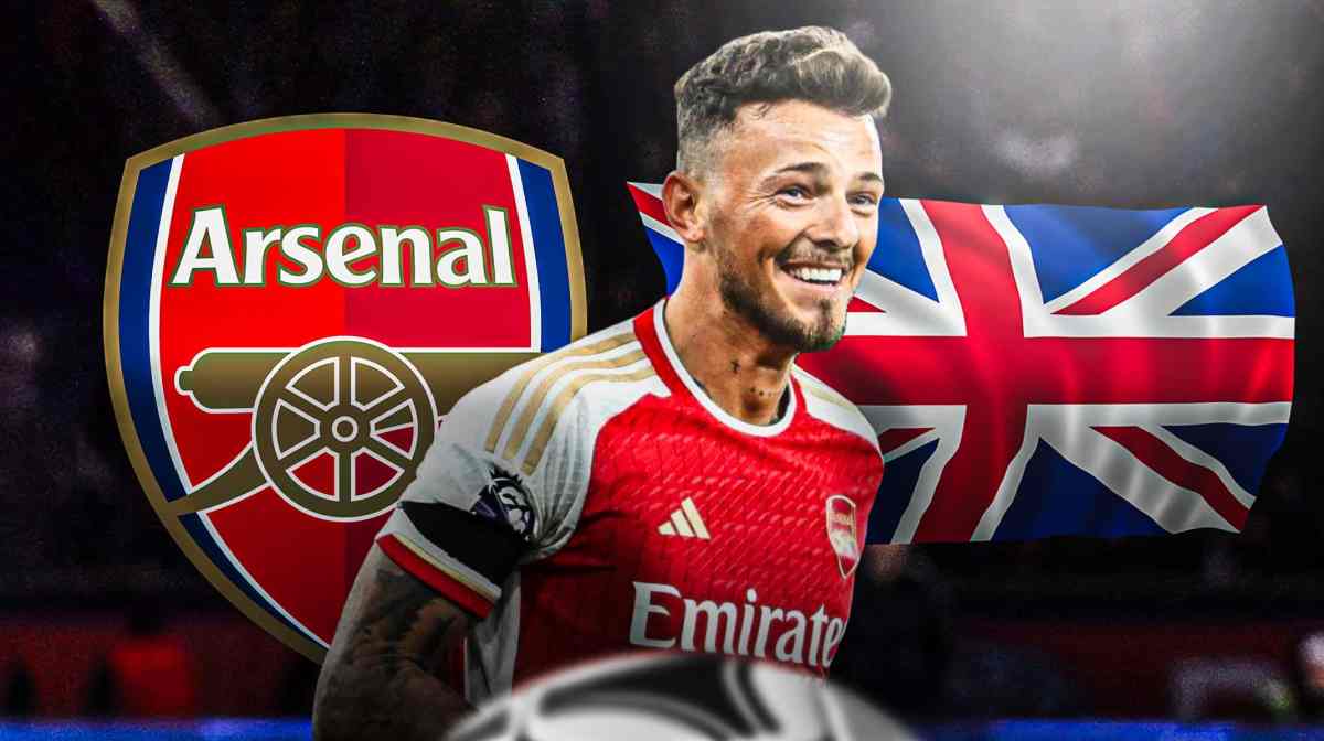 Ben White in front of the Arsenal logo and England flag