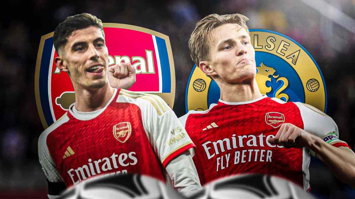 Kai Havertz, Martin Odegaard celebrating in front of the Arsenal and Chelsea logos