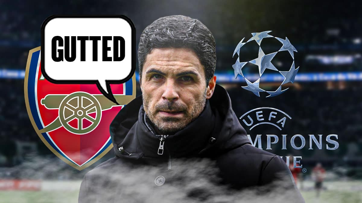 Mikel Arteta saying: 'Gutted' in front of the Arsenal and Champions League logos