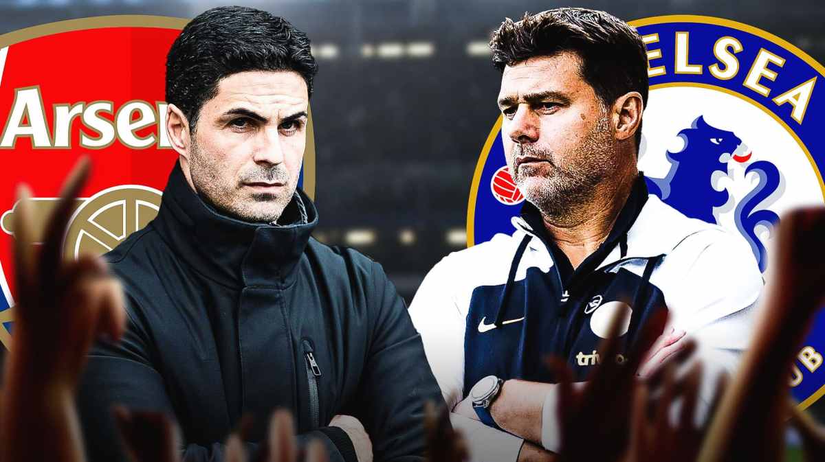 Mikel Arteta in front of the Arsenal logo on one side, Mauricio Pochettino in front of the Chelsea logo on the other side