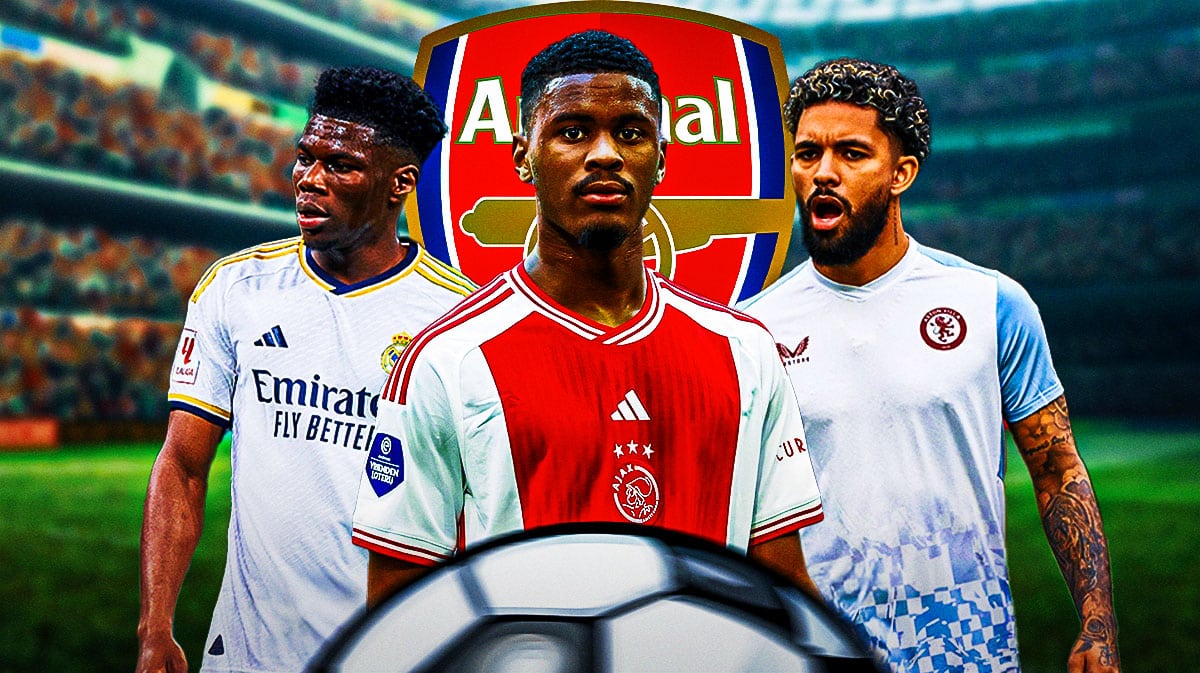 Douglas Luiz, Aurelien Tchouameni, Jorrel Hato in front of the Arsenal logo