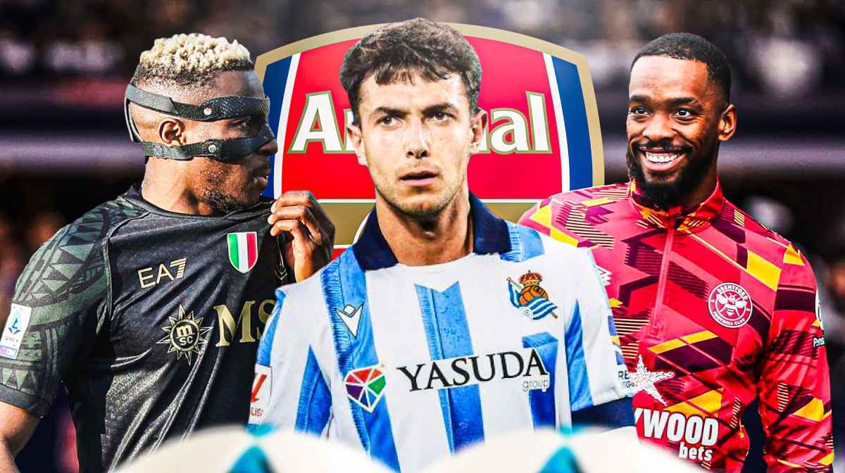 Victor Osimhen, Martin Zubimendi, Ivan Toney in front of the Arsenal logo