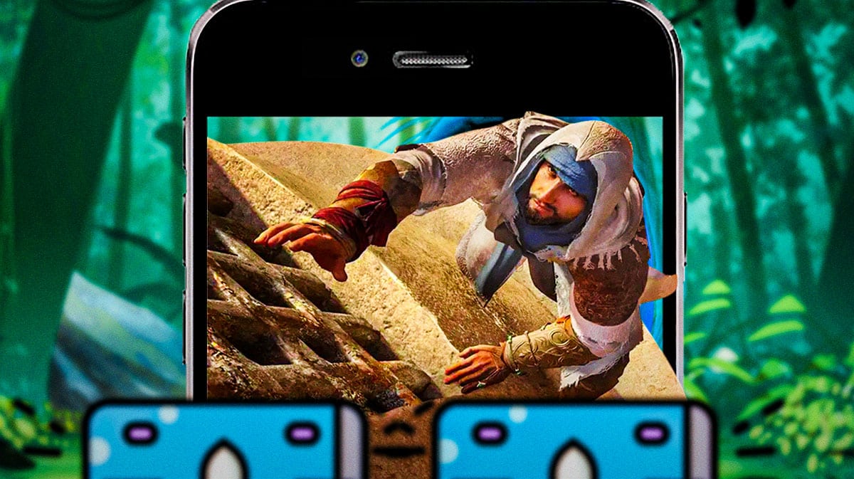Assassin's Creed Mirage Protagonist Basim Ibn Is'haq crawiling out of an iphone