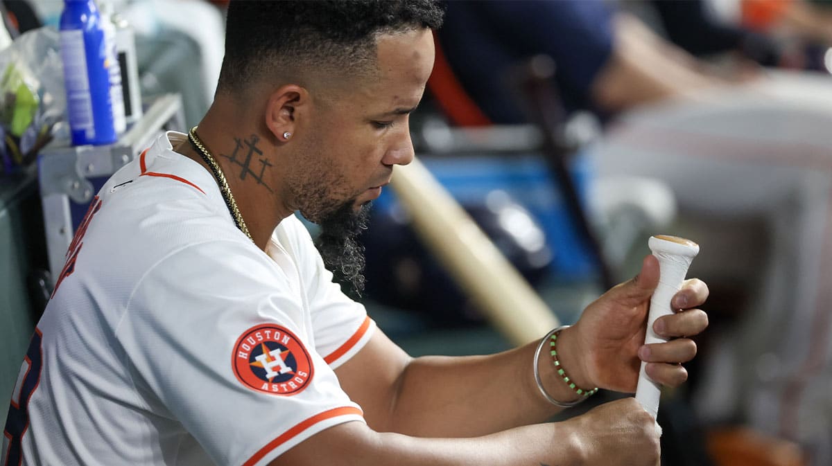 Houston Astros first baseman Jose Abreu (79) works on his bat in the dugout while the Astros bat against the Atlanta Braves in the fifth inning at Minute Maid Park.