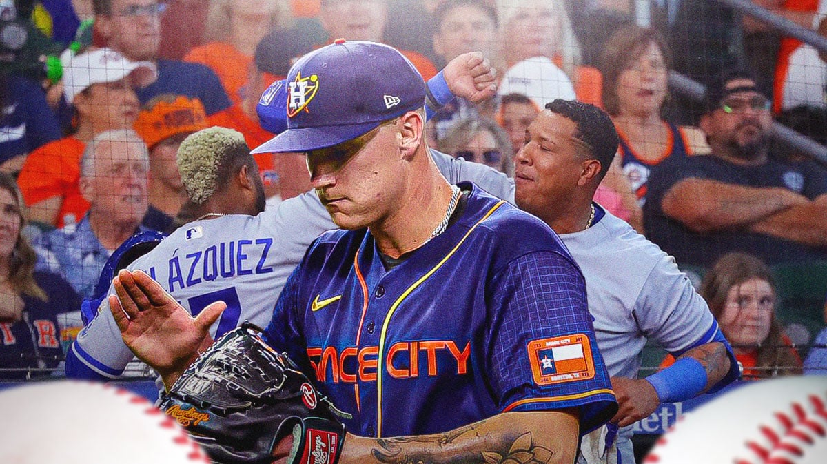 Astros pitcher Hunter Brown with Royals players happy.