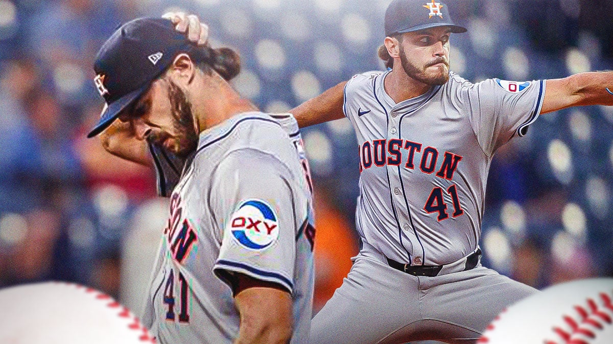 Astros' Spencer Arrighetti pitching a baseball in background. In front, Astros' Spencer Arrighetti looking serious.