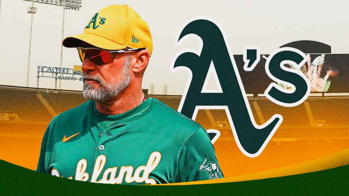 Mark Kotsay next to an Athletics logo