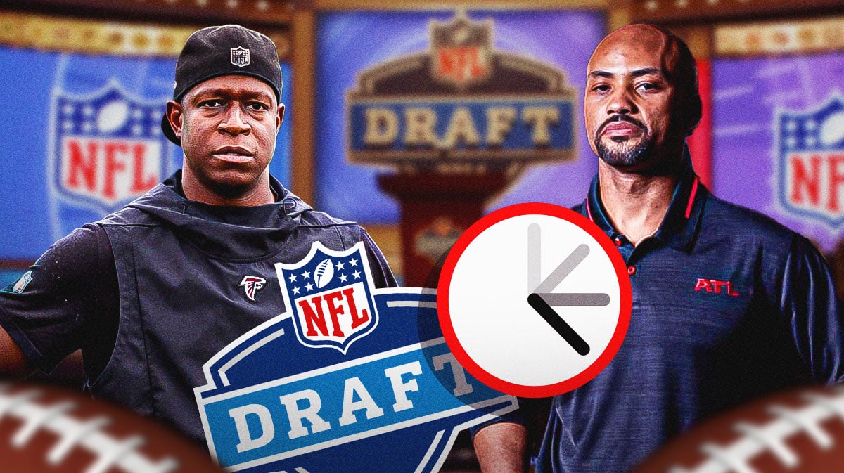 Falcons head coach Raheem Morris, GM Terry Fontenot, 2024 NFL Draft logo and ticking clock