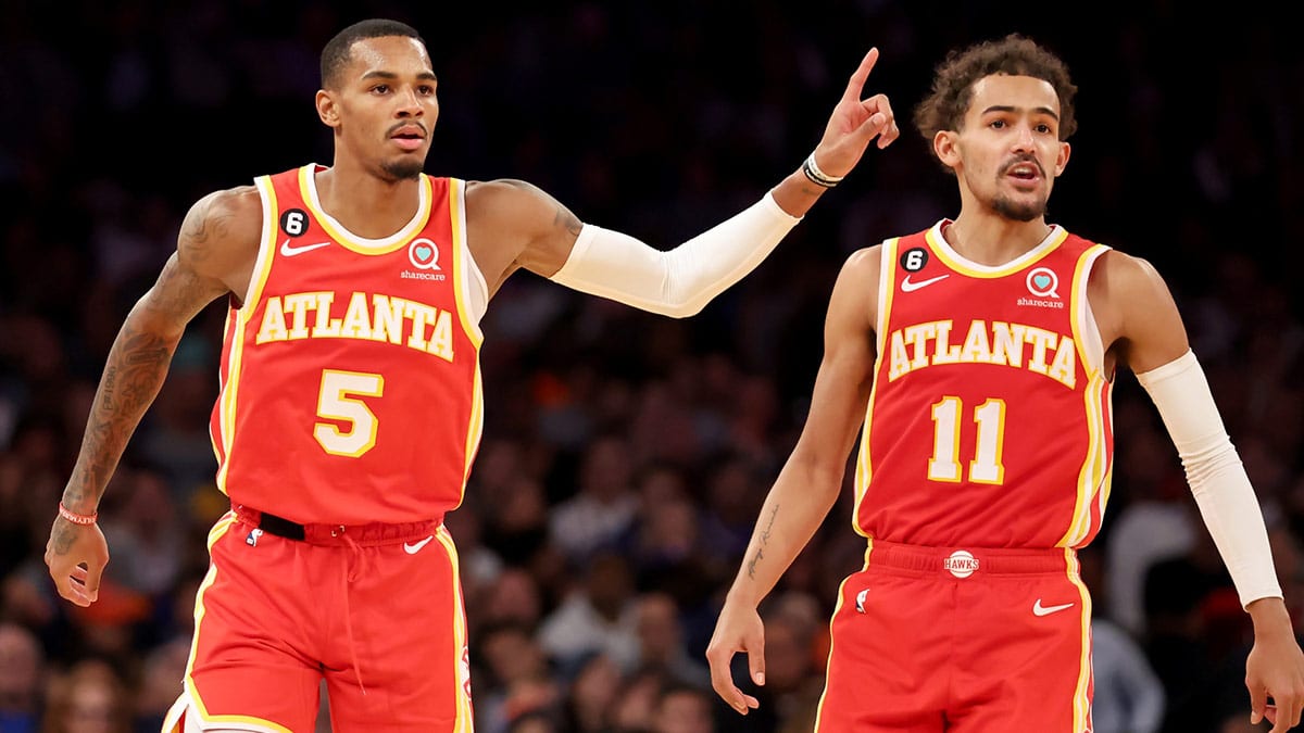 Atlanta Hawks guard Dejounte Murray (5) and guard Trae Young (11) react during the second quarter against the New York Knicks at Madison Square Garden.